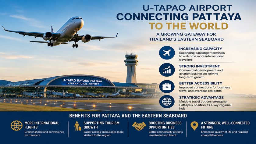 Infographic illustrating the growing importance of U-Tapao International Airport in improving international connectivity, business travel and long-term development for Pattaya and Thailand's Eastern Seaboard.